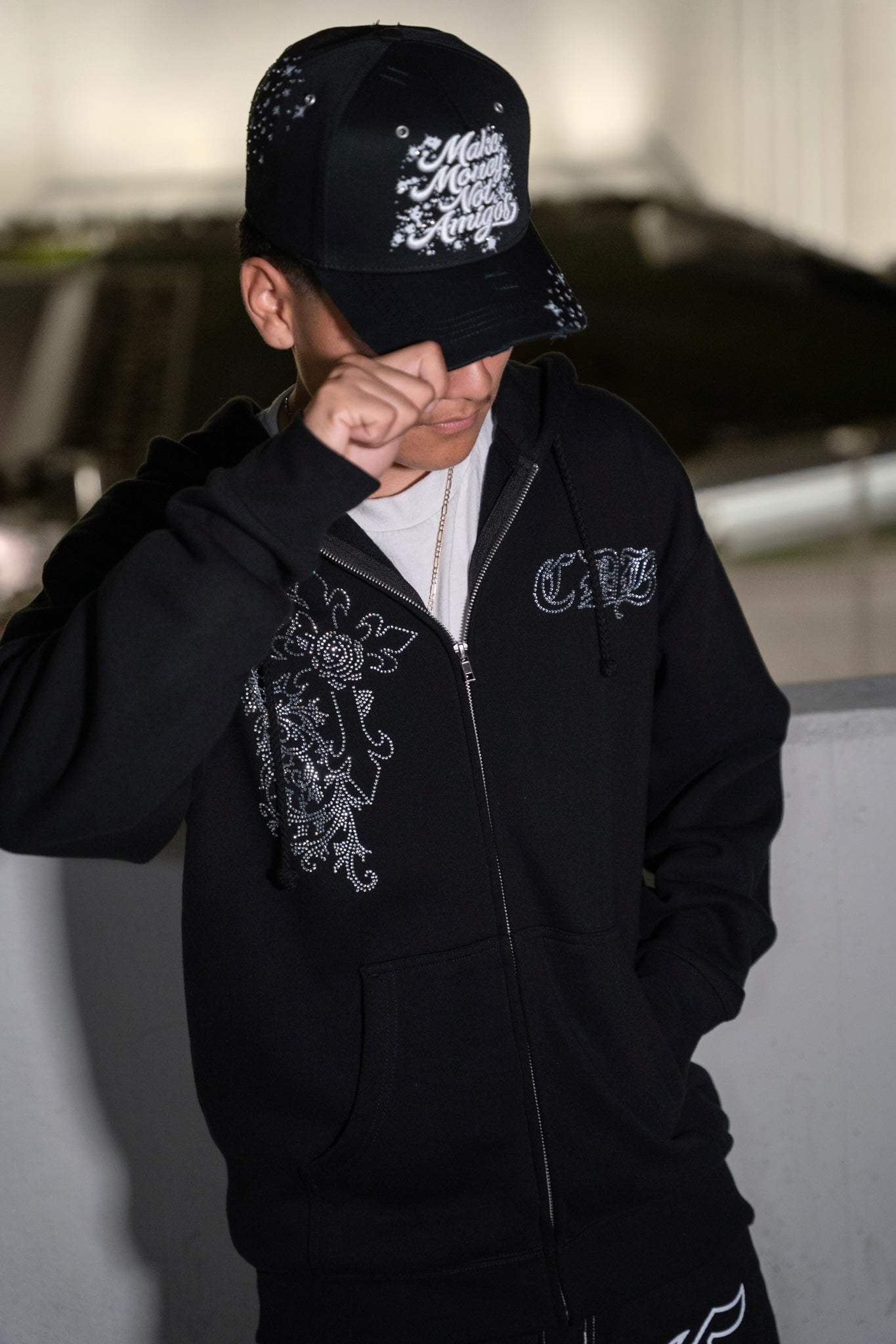 Three Crosses Rhinestone Zip Up