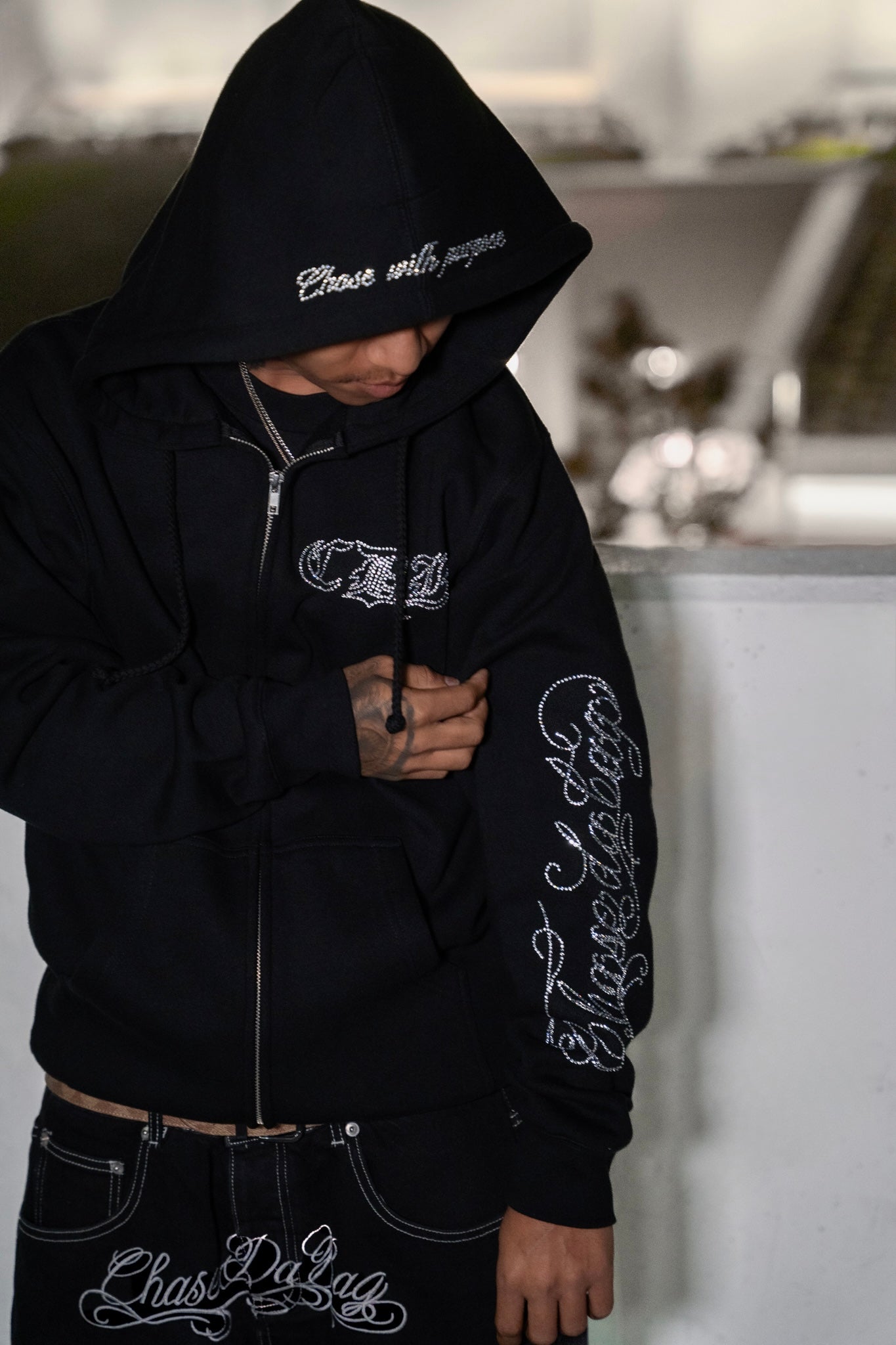 Crucifix Rhinestone Zip Up