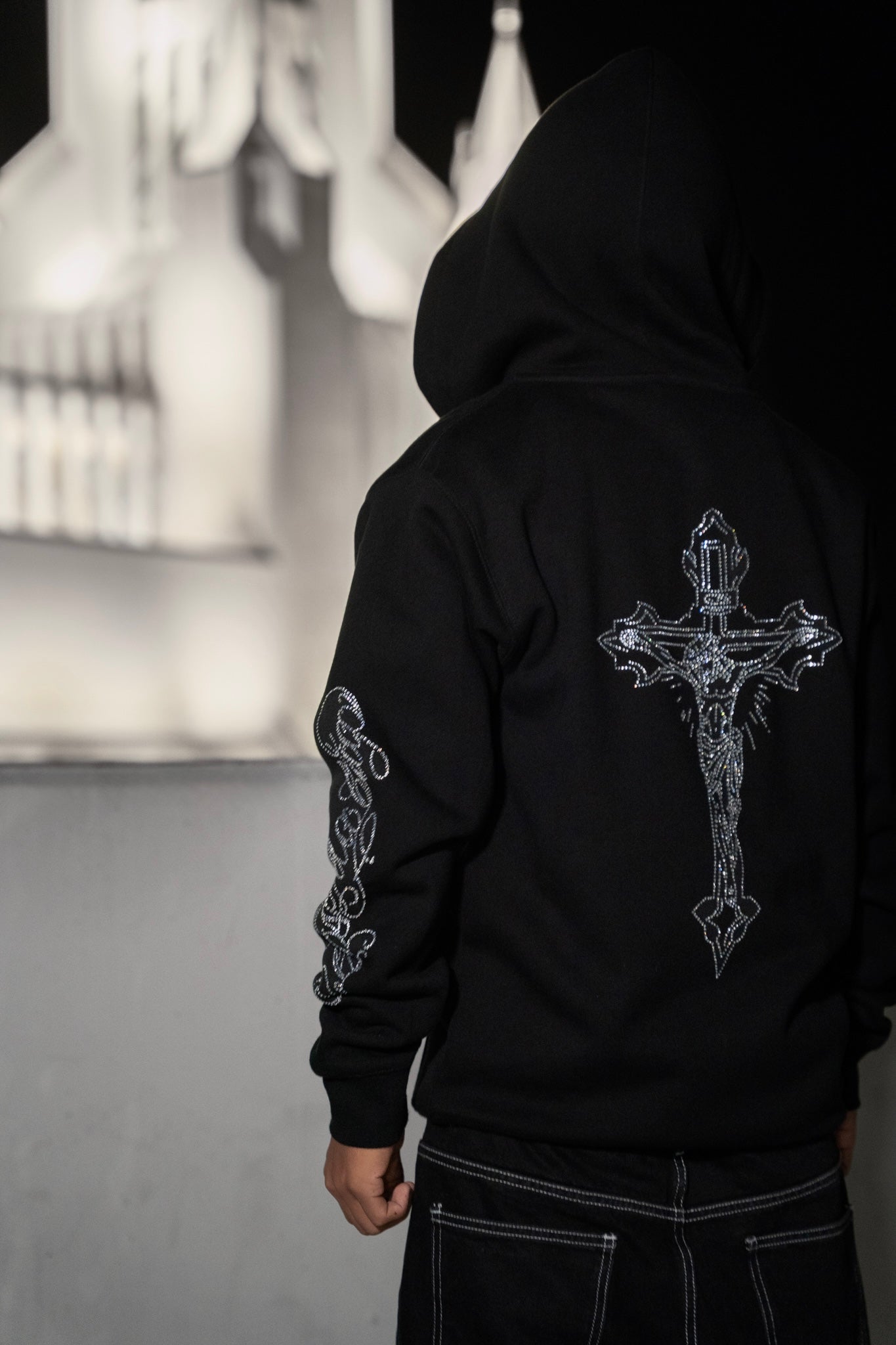 Crucifix Rhinestone Zip Up