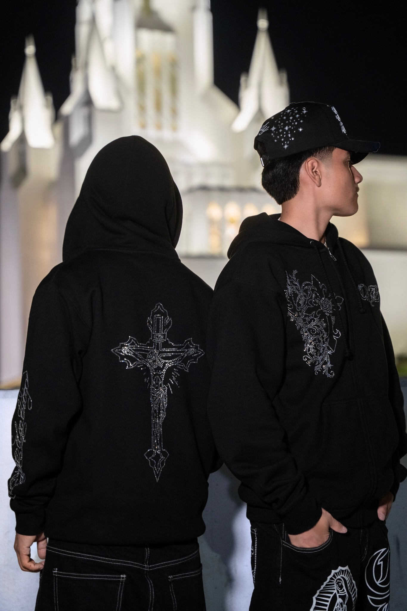Crucifix Rhinestone Zip Up